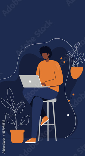 Young man working remotely on a laptop, a symbol of productivity, online learning, or freelancing from home or a modern workspace.