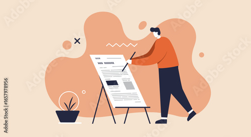 Person creating or editing content on a large document display. Ideal for marketing, business planning, copywriting, and presentation concepts.