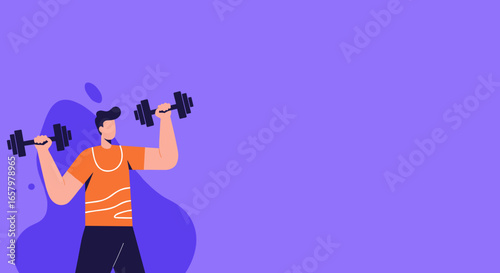 Motivated man in an orange shirt lifting dumbbells, symbolizing strength, health, and an active lifestyle. Ideal for fitness and wellness concepts.
