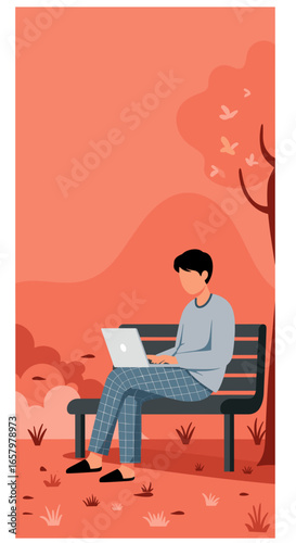 Person works remotely on laptop in a tranquil outdoor park setting, blending productivity with nature. Ideal for remote work, business, or lifestyle concepts.