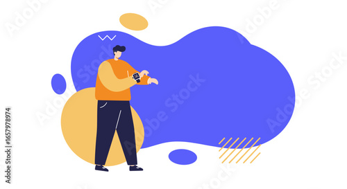Modern man interacts with smartwatch for digital connectivity and smart lifestyle management on an abstract background. Ideal for technology and business concepts.