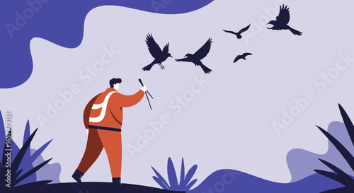 A person enjoys birdwatching in a serene natural setting, observing birds in flight. Ideal for lifestyle, hobby, or travel concepts.