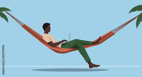 Relaxed man working remotely on a laptop in a hammock strung between tropical palm trees. Ideal for digital nomad, travel, and lifestyle concepts.