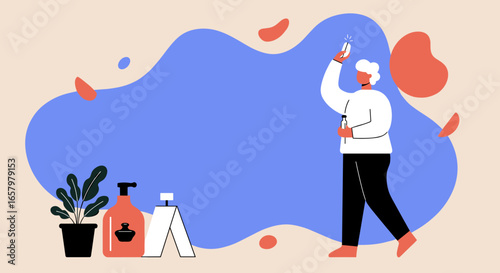 Person engaging with phone for beauty and self-care, surrounded by modern cosmetic products and a plant. Ideal for lifestyle, health, or retail content.