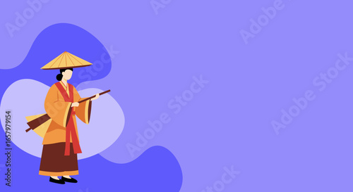 Person in traditional Asian robe and conical hat holding a staff, symbolizing culture, history, and a peaceful journey.