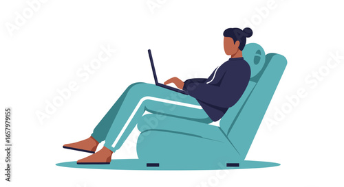 Relaxed person working on a laptop from a comfortable armchair. Perfect for concepts of remote work, online learning, freelancing, or home leisure.