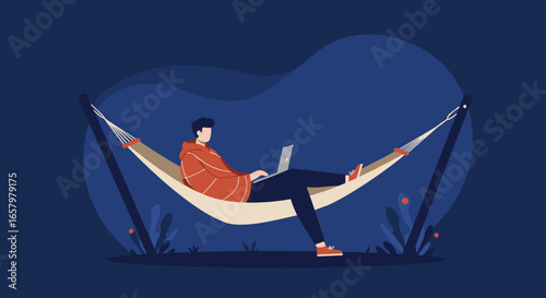 Young man working remotely on a laptop while relaxing in a hammock outdoors, illustrating flexible work and modern lifestyle concepts.