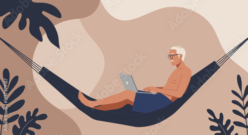 Senior man works remotely on laptop from a relaxed hammock, embodying leisure and productivity in a tropical setting. Ideal for remote work, lifestyle, and travel themes.