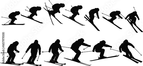 Skier silhouette icon set with dynamic downhill, jumping, and turning poses in two sequential display rows