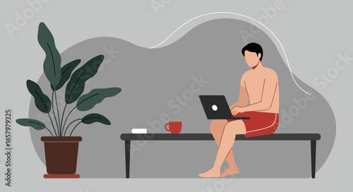 Relaxed man works on laptop from home, embodying modern remote work and digital lifestyle. Perfect for themes of flexibility, comfort, and productivity.