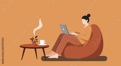 Woman working comfortably on a laptop from home, sitting on a bean bag chair with coffee and a plant nearby. Represents remote work and flexible lifestyle.