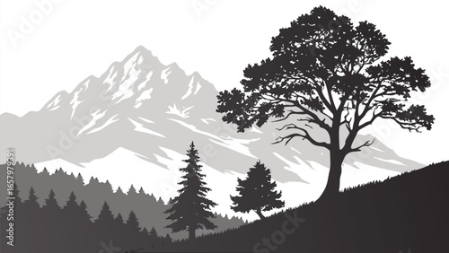 A black and white landscape image features silhouetted trees and mountains against a lighter background.
