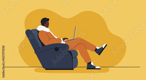 Relaxed person working on a laptop from a comfy armchair. Ideal for concepts of remote work, home office, online learning, or digital lifestyle.
