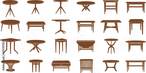 Table illustration set with 20 unique brown furniture designs in round, square, and rectangular styles