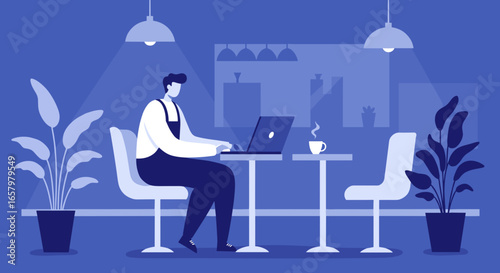 Focused man working on laptop in a modern cafe setting, symbolizing remote work, digital freelancing, and a flexible business lifestyle. Ideal for tech, productivity, and contemporary work concepts.