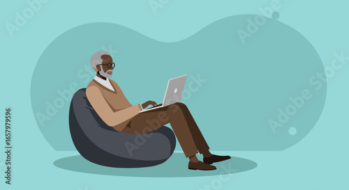 Elderly African American man comfortably using a laptop on a bean bag chair. Represents leisure, online learning, and modern retirement lifestyle.