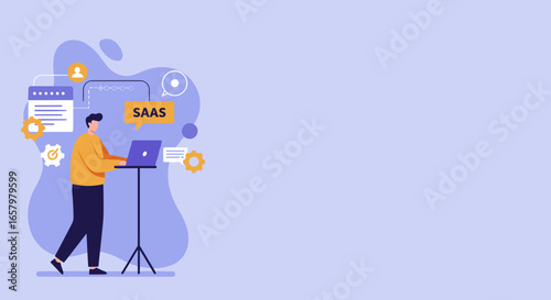 Man works on laptop, demonstrating Software as a Service (SaaS) concept with interconnected technology elements. Ideal for business, IT, and cloud computing themes.