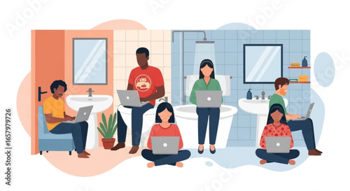 People working remotely on laptops in bathroom settings, symbolizing flexible telecommuting, home office, and modern digital lifestyle trends.
