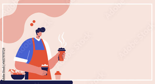 A friendly barista in an apron holds a steaming coffee cup, with other beverages and snacks on a counter. Ideal for showcasing cafe business, hospitality, and daily lifestyle.