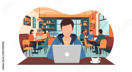 Young person focused on laptop in a bustling cafe, highlighting remote work, freelancing, and digital nomad lifestyle in a public space.