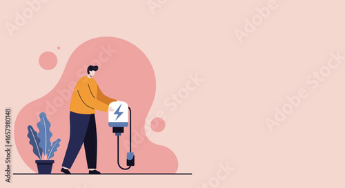 Person charges an electric vehicle or device, symbolizing sustainable energy, eco-friendly solutions, and modern technology. Ideal for green initiatives and future power.