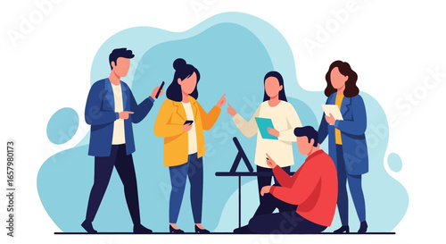 Professional team engaging in a dynamic business meeting, sharing ideas and using devices. Represents effective communication and teamwork.