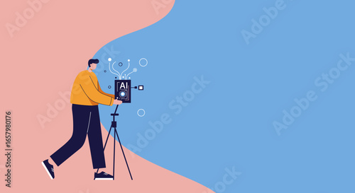 A person uses an AI-powered device to create or process images, symbolizing advanced technology in creative fields and digital innovation.