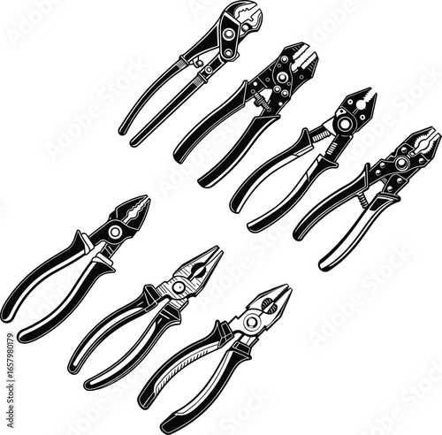 pliers tool set vector illustration with multiple types in black silhouette