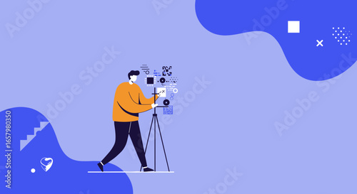 Person interacting with advanced technology and digital elements, suggesting innovation, scientific research, and creative media production.