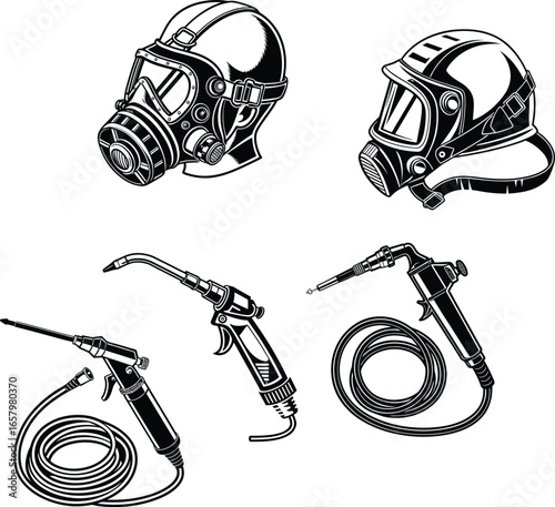 welding helmets and welding torches vector illustration in black silhouette