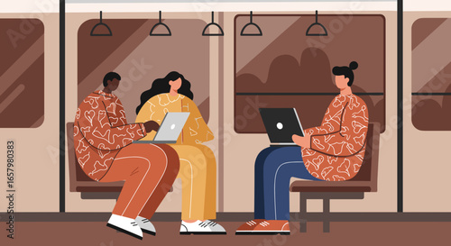People engaged in remote work on laptops while commuting on public transport, illustrating modern productivity, flexible work, and urban lifestyle.