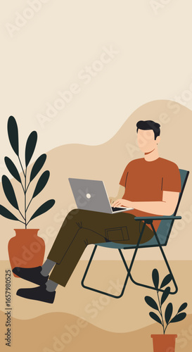 A man comfortably works remotely on his laptop from a relaxed setting with plants, symbolizing modern flexible work, freelance life, or online study.