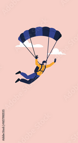 Skydiver with an open parachute descending through the sky with clouds, embodying extreme sports, freedom, and adventure.