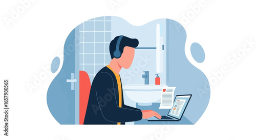 Person with headphones working on laptop from a home office or remote location. Illustrates modern productivity, virtual communication, and flexible work.