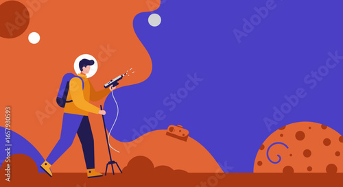 Astronaut explorer with scientific instrument surveying an abstract alien planet landscape, symbolizing future discovery and space research.