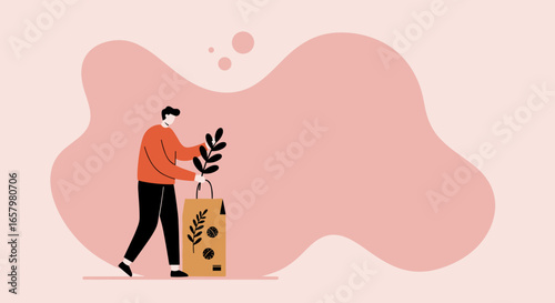 Man holding an eco-friendly paper bag with a plant, symbolizing sustainable shopping and natural products. Ideal for lifestyle and green living concepts.