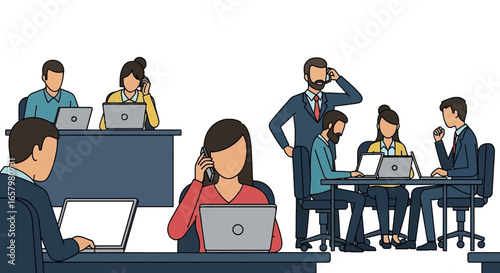 Business professionals work diligently in a dynamic office setting, collaborating and communicating. Ideal for concepts of teamwork, productivity, and modern corporate environments.