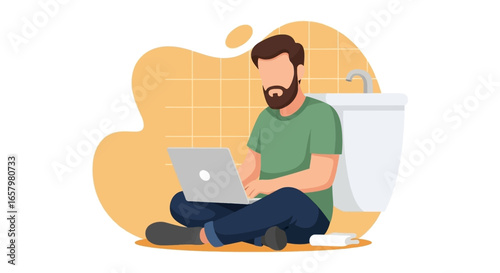 Bearded man works on a laptop while sitting on the bathroom floor. Depicts remote work flexibility, comfort, and unconventional productivity.