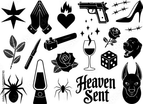 Dark & Bold Tattoo Flash"  icon, tattoo, heart, flame, vector bundle