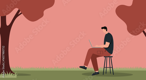 Professional working remotely on laptop outdoors in a park setting. Perfect for digital nomad, flexible work, or lifestyle themes.