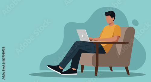 Man works remotely on laptop in a comfortable armchair, perfect for modern home office and flexible digital lifestyle.