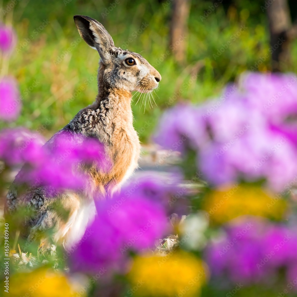 Obraz premium Hare amidst colorful flowers
