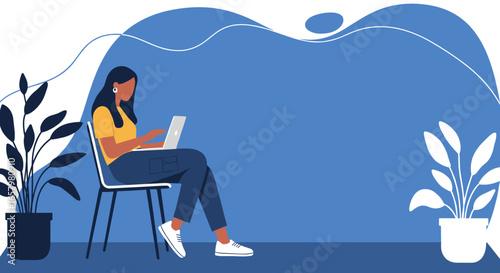 Woman working on a laptop in a modern home office, surrounded by plants. Ideal for remote work, education, or freelance concepts.