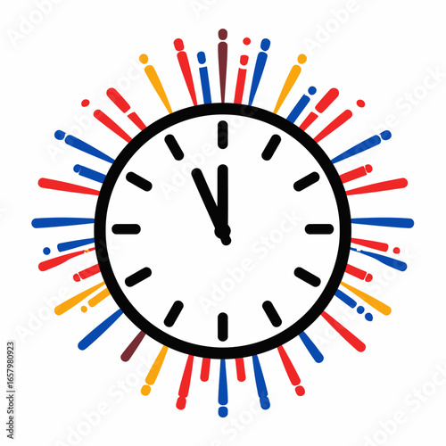 Midnight Clock with Festive Burst of Colorful Rays