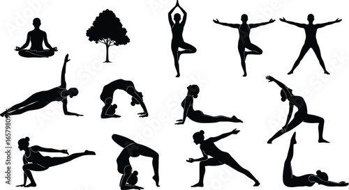 Yoga pose silhouette set with 12 positions and central tree icon symbolizing balance and growth