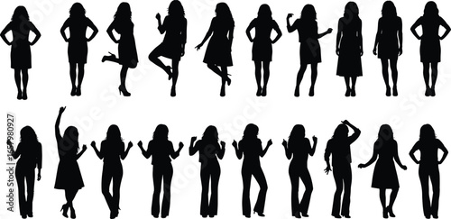 Woman silhouette collection in various poses including standing, walking, dancing, and gesturing — female figure vector icons