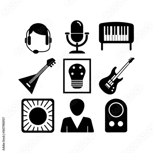 Illustration of musical instruments and devices including a microphone and a keyboard and a guitar