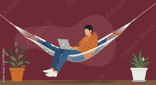 Young man works on laptop in a hammock, symbolizing remote work flexibility, comfortable lifestyle, and modern productivity.