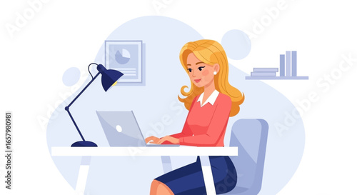 A focused blonde woman works diligently on her laptop at a clean office desk, surrounded by office items. Ideal for business, technology, or remote work concepts.
