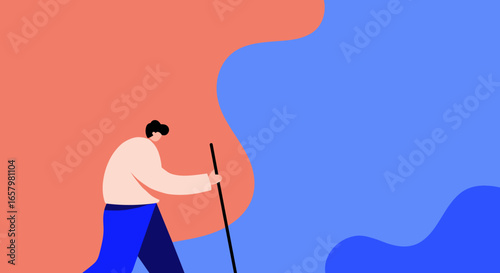 Minimalist illustration of a person holding a stick, walking across an abstract, colorful landscape. Represents guidance, exploration, or a new journey.